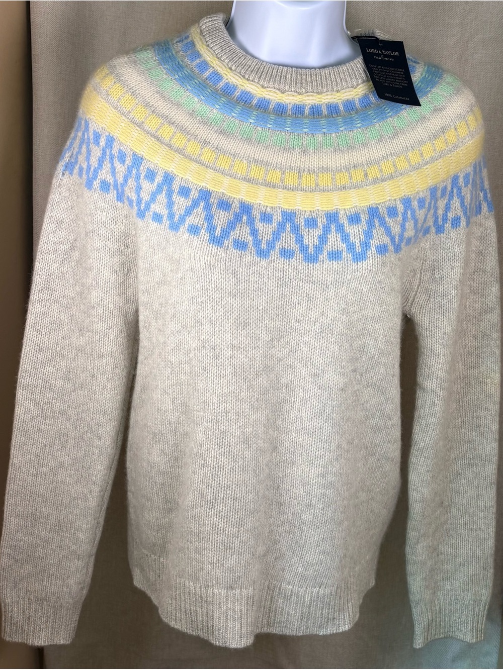 💙 NWT Lord & Taylor 100% Cashmere Fair Isle Sweater Gray Oatmeal S/P